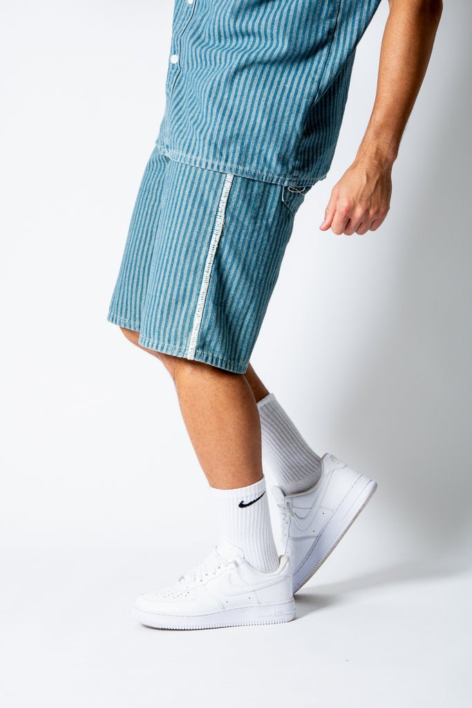 Blue Pinstripe Jorts With Embroidered Hem - Liquor n Poker