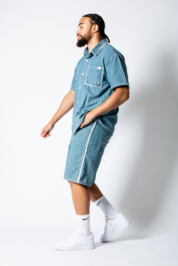 Blue Pinstripe Jorts With Embroidered Hem - Liquor n Poker