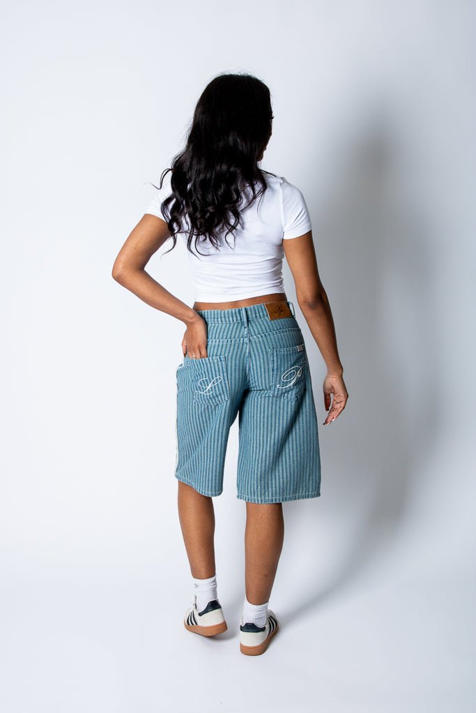 Blue Pinstripe Jorts With Embroidered Hem - Liquor n Poker