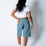 Blue Pinstripe Jorts With Embroidered Hem - Liquor n Poker