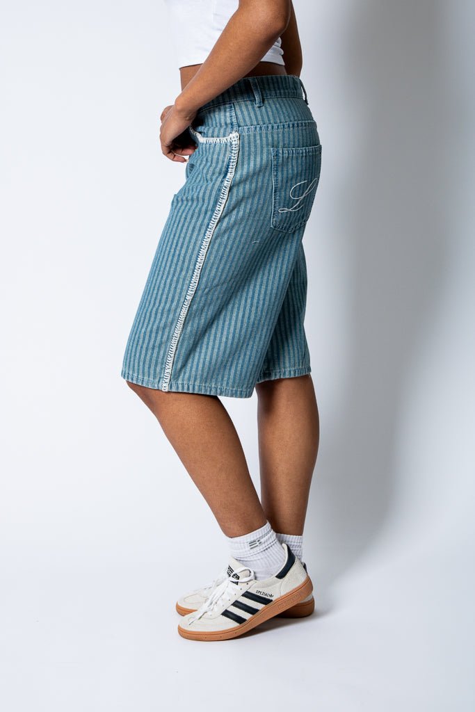Blue Pinstripe Jorts With Embroidered Hem - Liquor n Poker