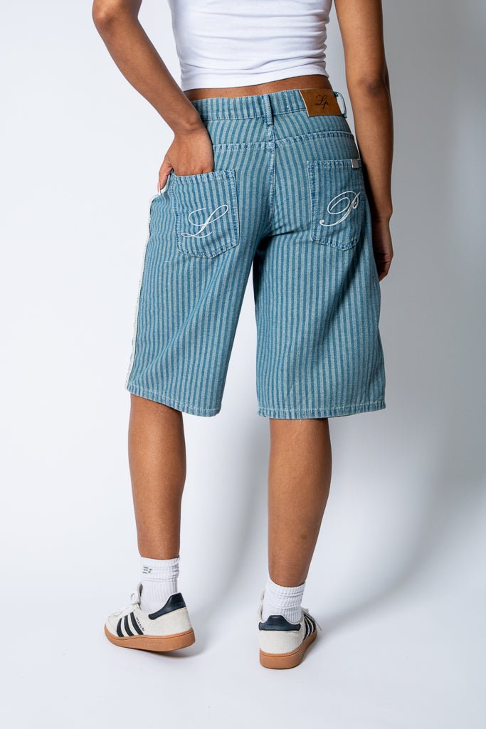 Blue Pinstripe Jorts With Embroidered Hem - Liquor n Poker