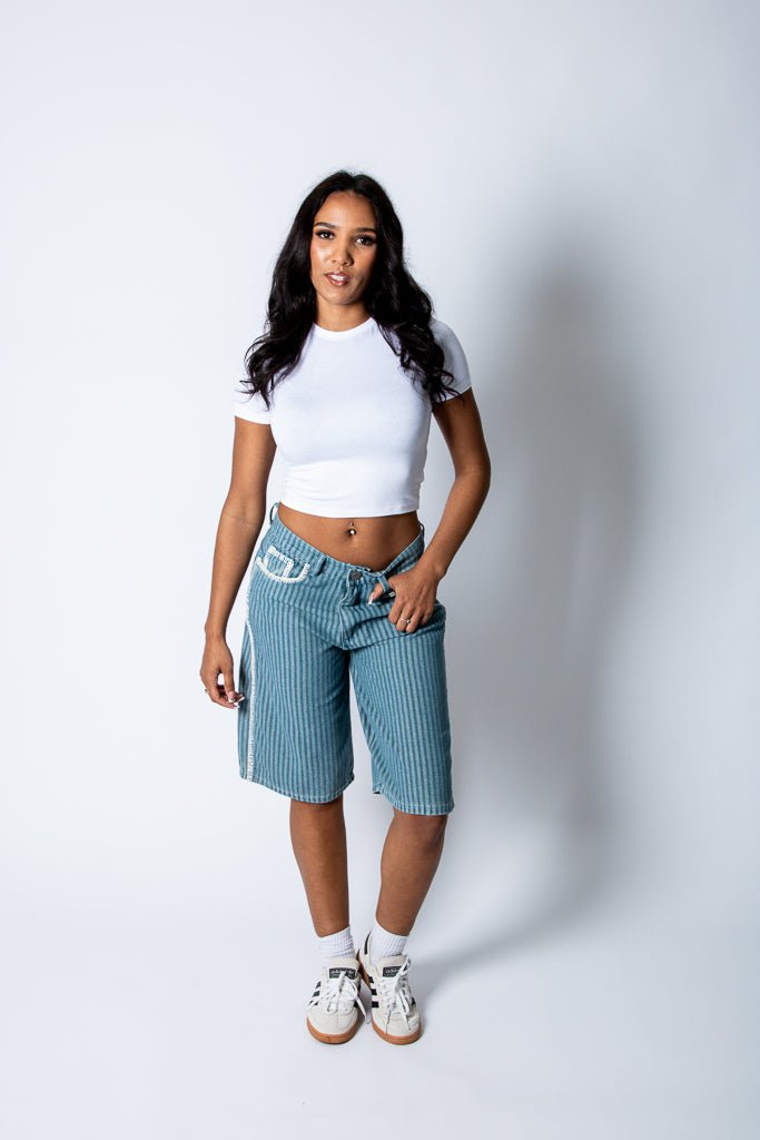 Blue Pinstripe Jorts With Embroidered Hem - Liquor n Poker