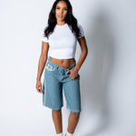 Blue Pinstripe Jorts With Embroidered Hem - Liquor n Poker