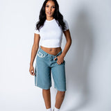 Blue Pinstripe Jorts With Embroidered Hem - Liquor n Poker
