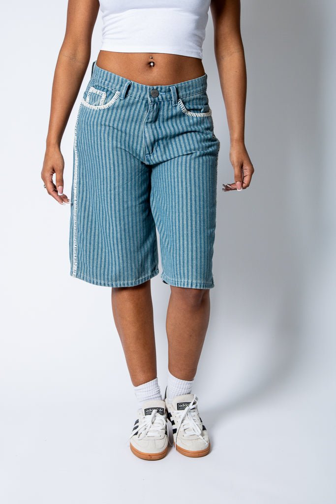 Blue Pinstripe Jorts With Embroidered Hem - Liquor n Poker