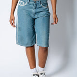 Blue Pinstripe Jorts With Embroidered Hem - Liquor n Poker