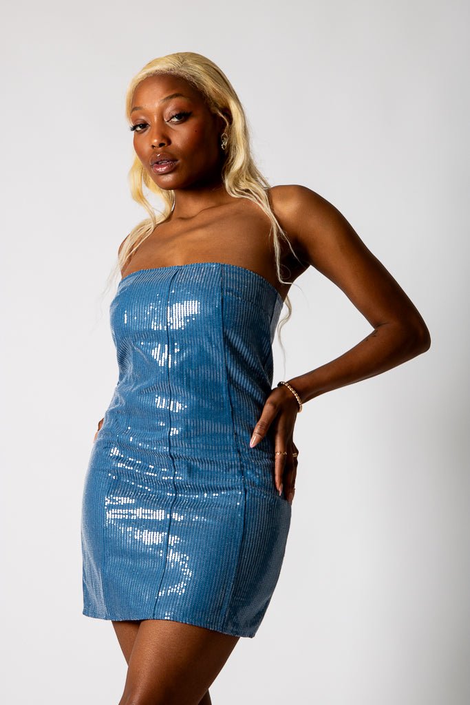 Blue Sequin Bandeau Mini Dress - Liquor n Poker