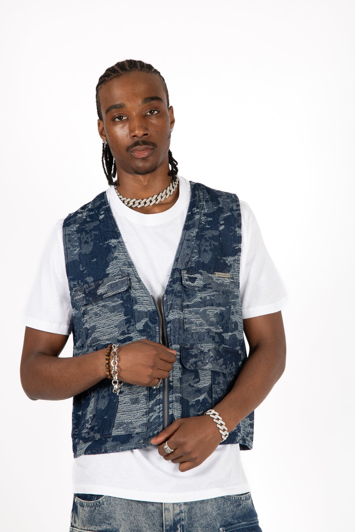 Blue Textured Camo Denim Gilet Vest - Liquor n Poker