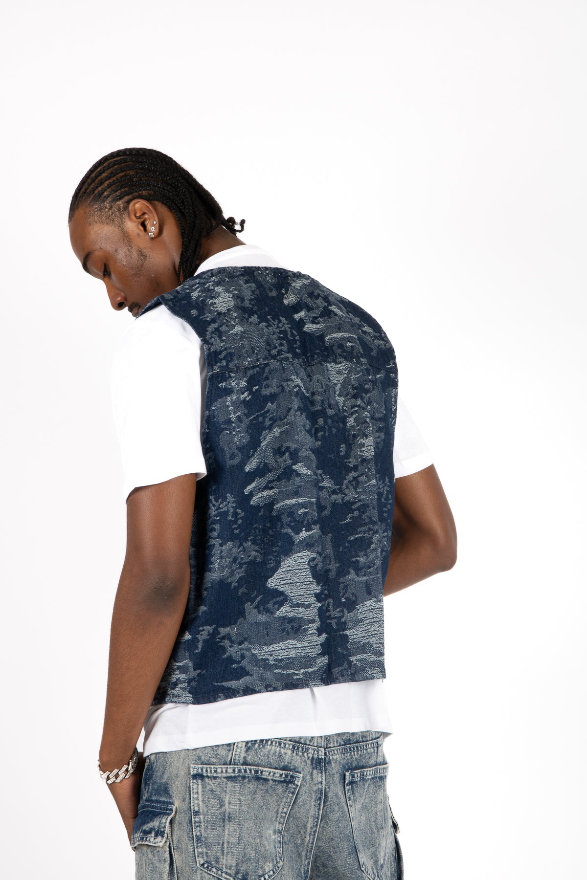 Blue Textured Camo Denim Gilet Vest - Liquor n Poker