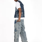 Blue Textured Camo Denim Gilet Vest - Liquor n Poker