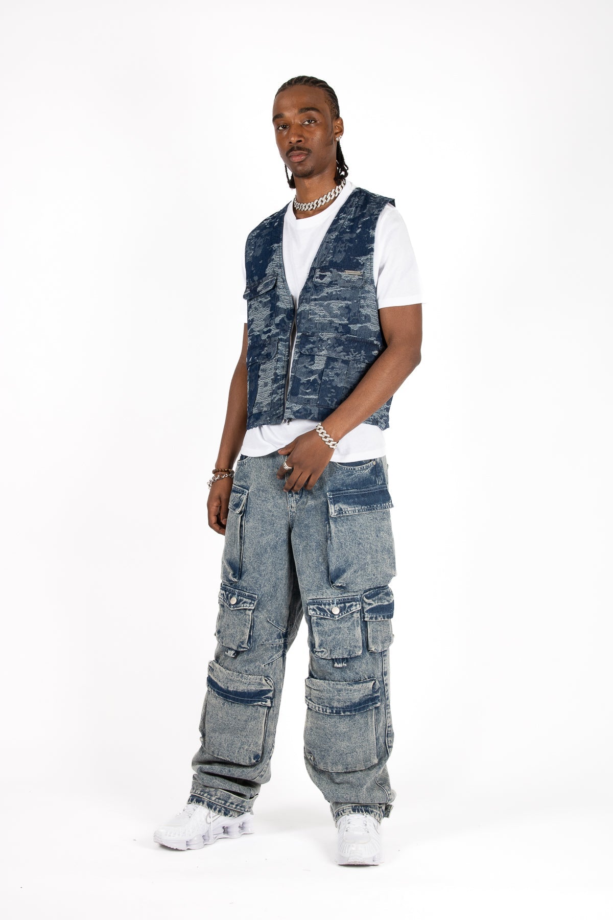 Blue Textured Camo Denim Gilet Vest - Liquor n Poker