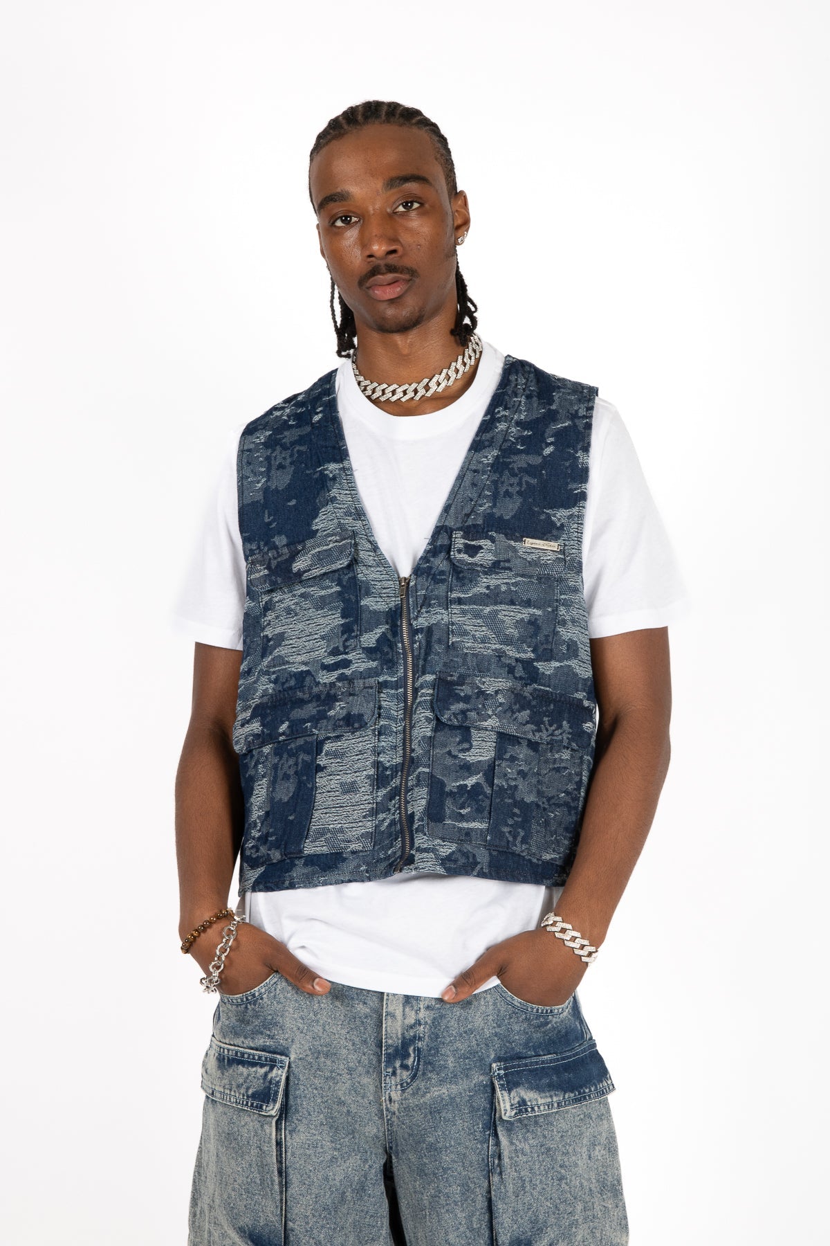 Blue Textured Camo Denim Gilet Vest - Liquor n Poker
