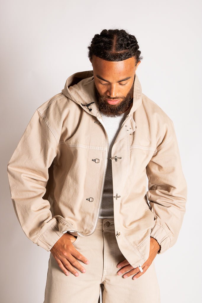 Boxy Fireman Clasp Hooded Denim Jacket in Ecru - Liquor n Poker