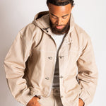 Boxy Fireman Clasp Hooded Denim Jacket in Ecru - Liquor n Poker