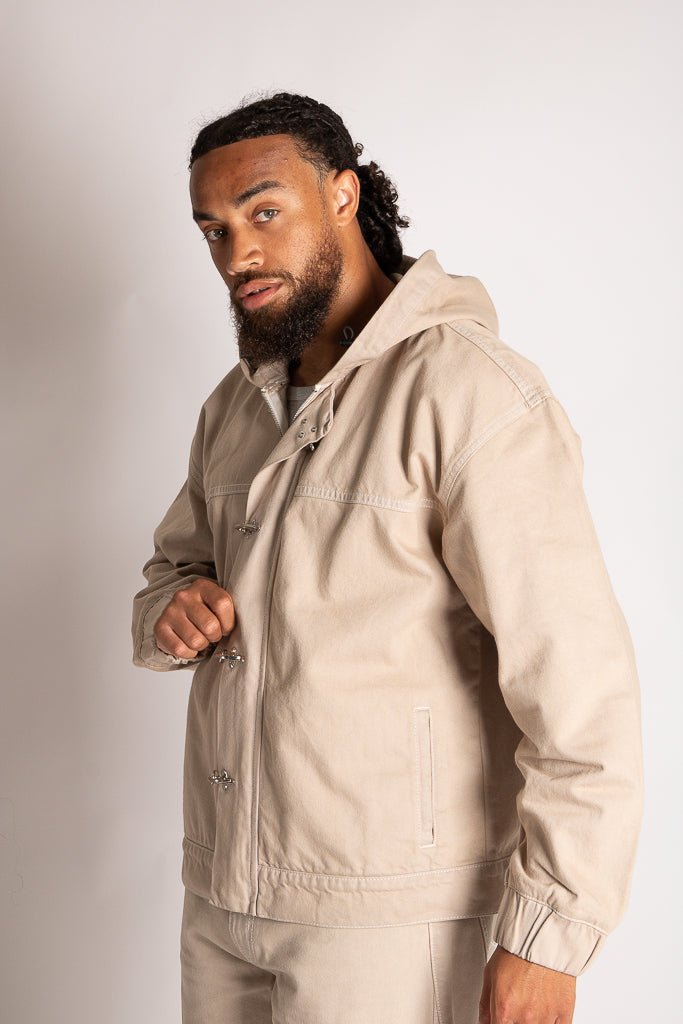 Boxy Fireman Clasp Hooded Denim Jacket in Ecru - Liquor n Poker