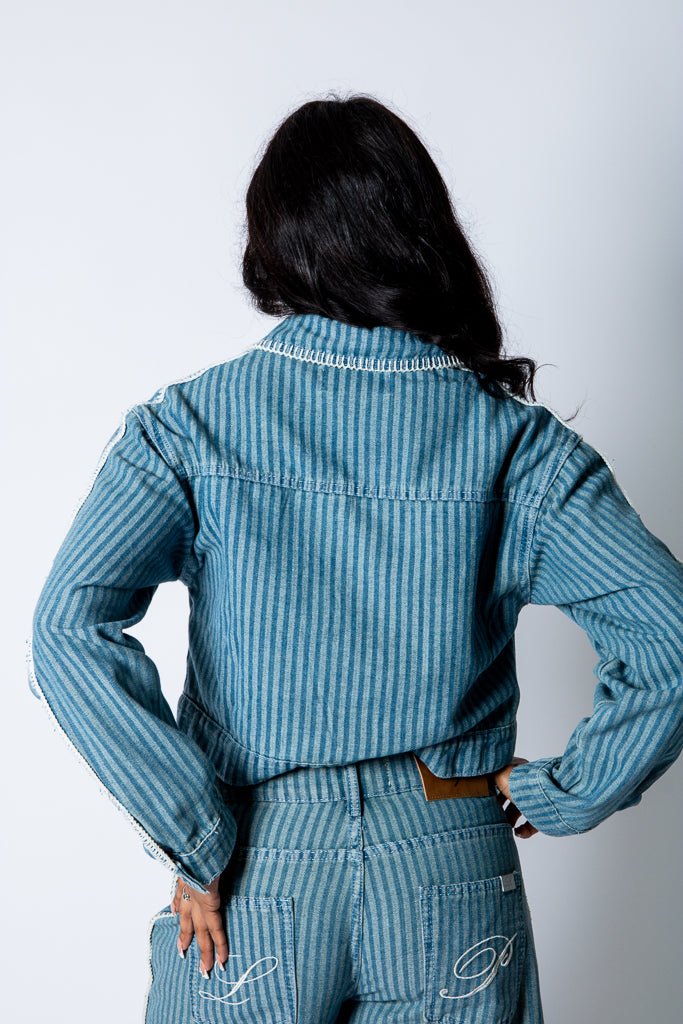Boxy Pinstripe Blue Denim Jacket With Embroidery Detail - Liquor n Poker