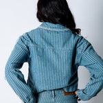Boxy Pinstripe Blue Denim Jacket With Embroidery Detail - Liquor n Poker