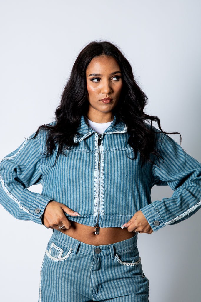 Boxy Pinstripe Blue Denim Jacket With Embroidery Detail - Liquor n Poker