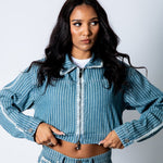 Boxy Pinstripe Blue Denim Jacket With Embroidery Detail - Liquor n Poker
