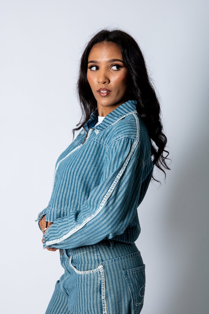 Boxy Pinstripe Blue Denim Jacket With Embroidery Detail - Liquor n Poker