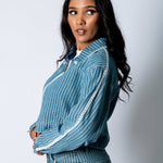Boxy Pinstripe Blue Denim Jacket With Embroidery Detail - Liquor n Poker