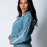 Boxy Pinstripe Blue Denim Jacket With Embroidery Detail - Liquor n Poker