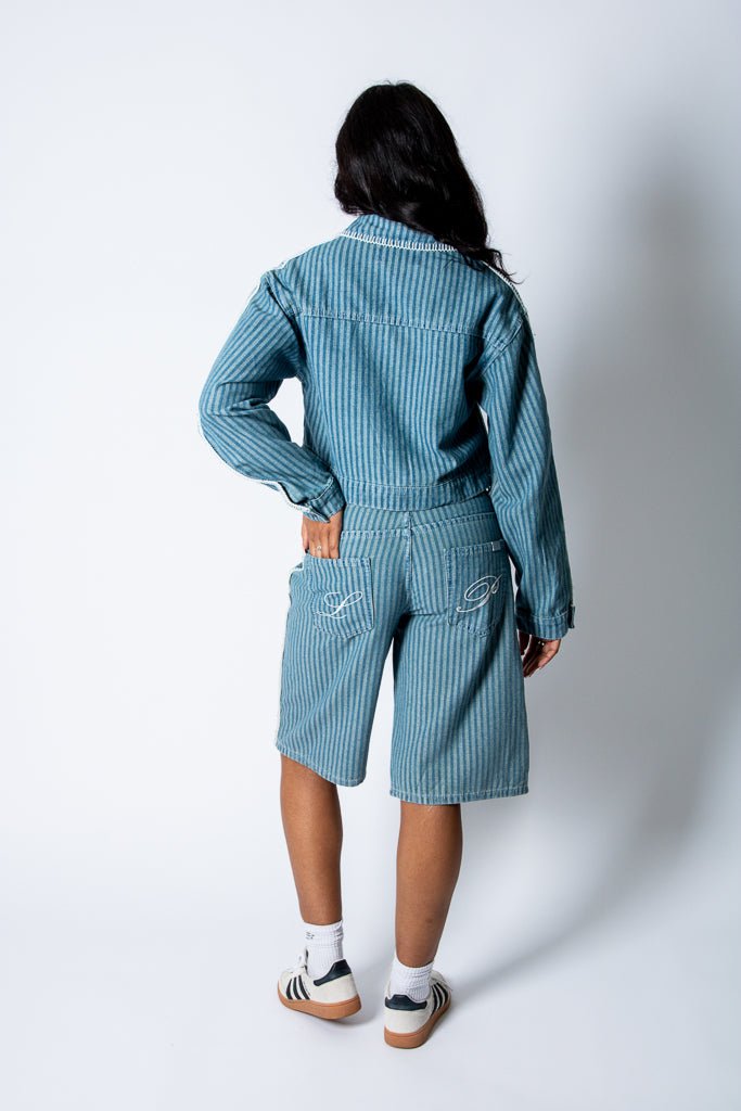 Boxy Pinstripe Blue Denim Jacket With Embroidery Detail - Liquor n Poker