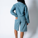 Boxy Pinstripe Blue Denim Jacket With Embroidery Detail - Liquor n Poker
