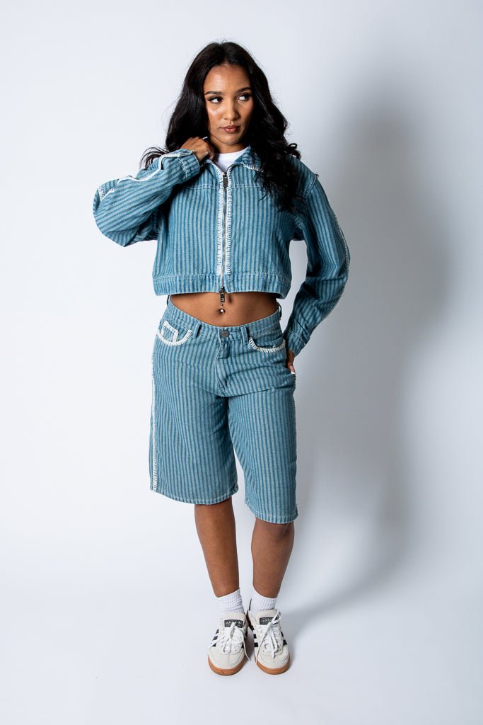 Boxy Pinstripe Blue Denim Jacket With Embroidery Detail - Liquor n Poker