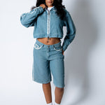 Boxy Pinstripe Blue Denim Jacket With Embroidery Detail - Liquor n Poker