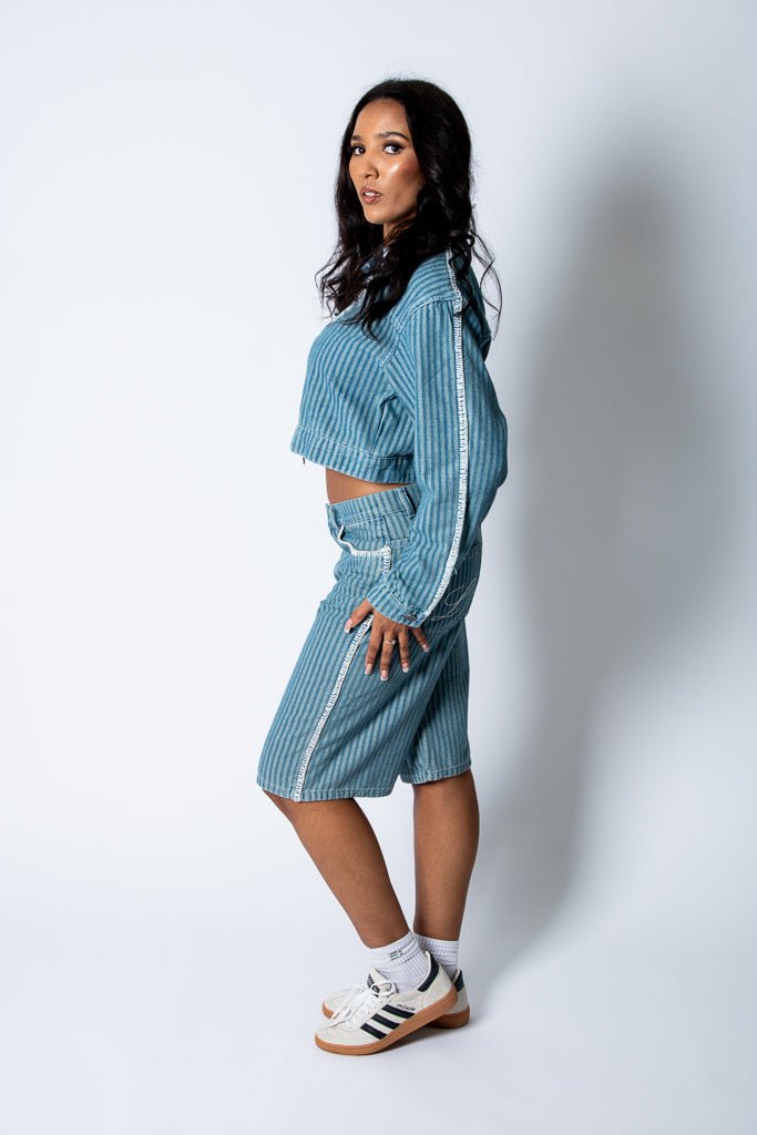 Boxy Pinstripe Blue Denim Jacket With Embroidery Detail - Liquor n Poker