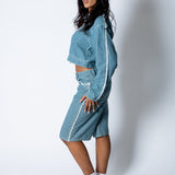 Boxy Pinstripe Blue Denim Jacket With Embroidery Detail - Liquor n Poker