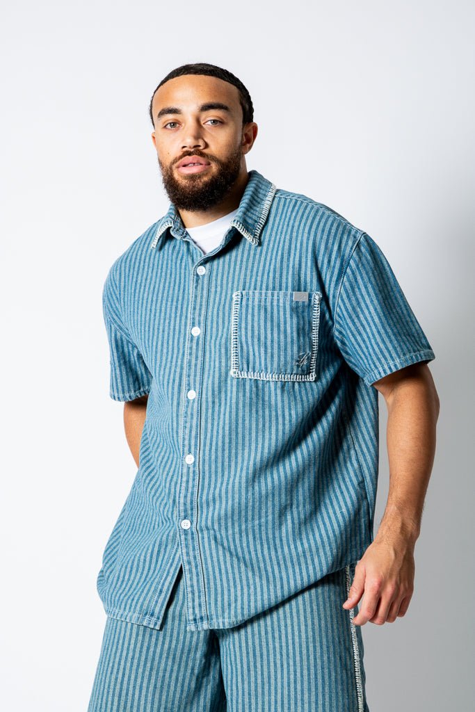 Boxy Pinstripe Blue Denim Shirt With Embroidery Detail - Liquor n Poker