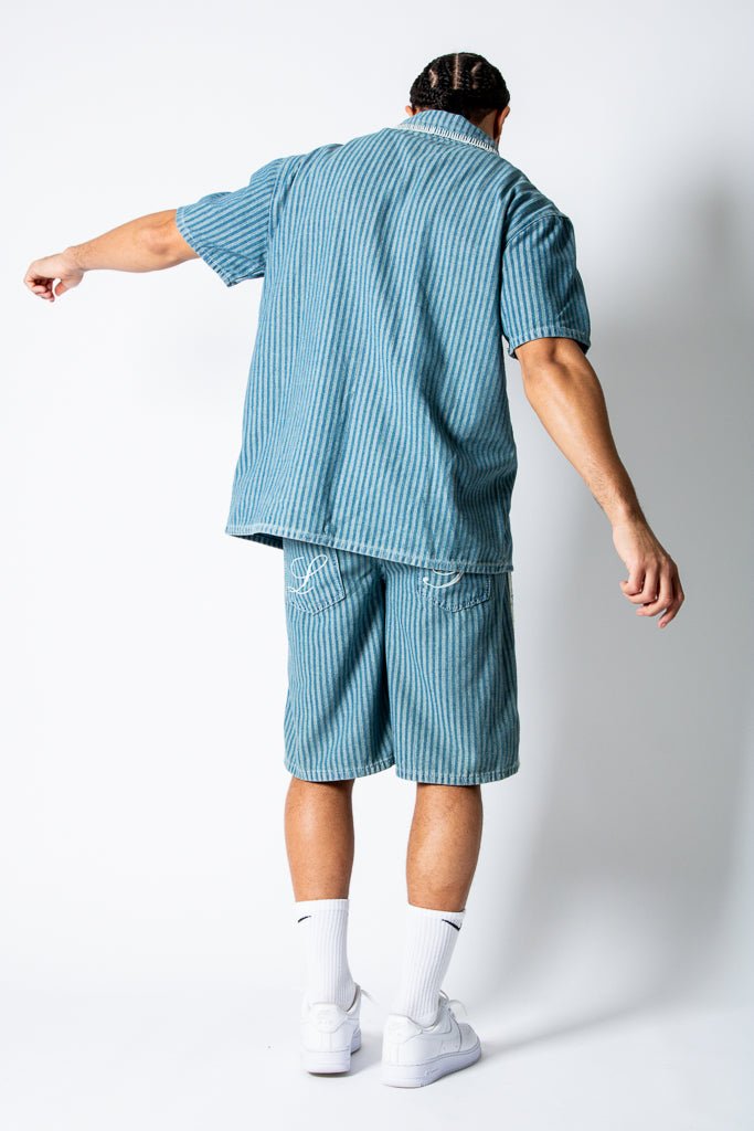 Boxy Pinstripe Blue Denim Shirt With Embroidery Detail - Liquor n Poker