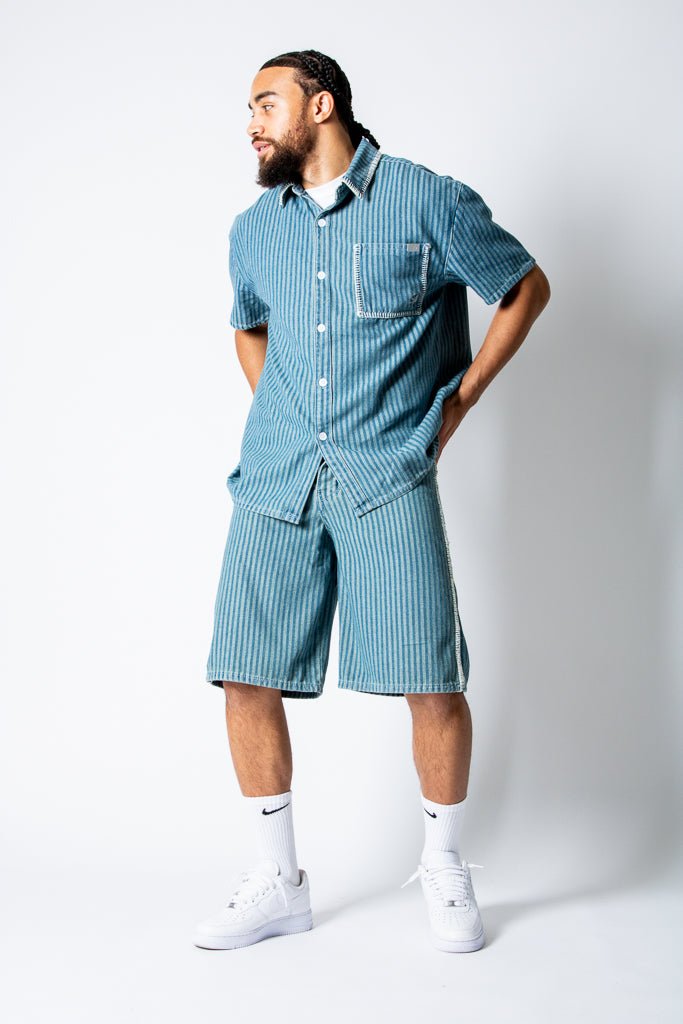 Boxy Pinstripe Blue Denim Shirt With Embroidery Detail - Liquor n Poker