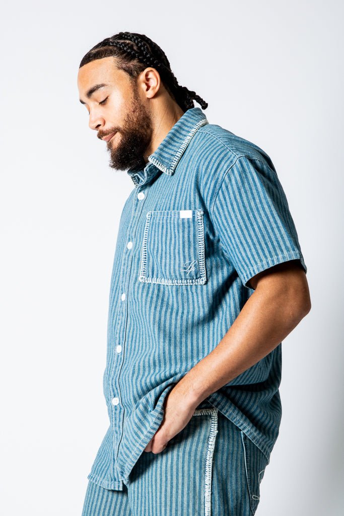 Boxy Pinstripe Blue Denim Shirt With Embroidery Detail - Liquor n Poker