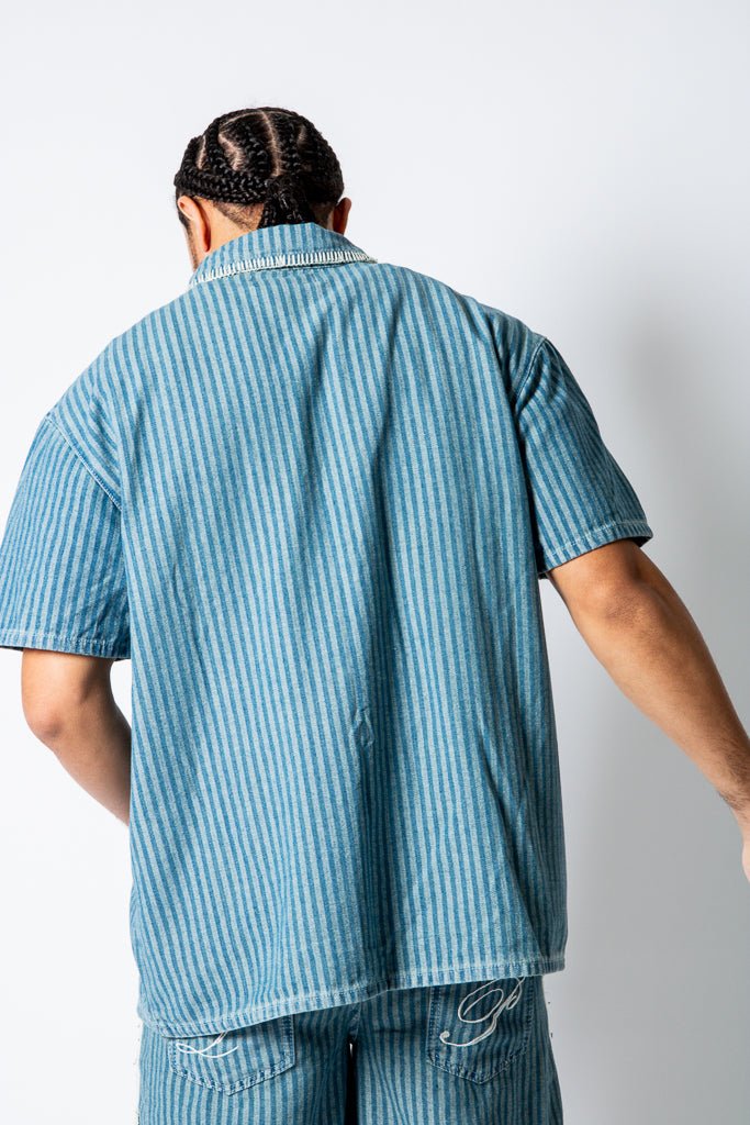 Boxy Pinstripe Blue Denim Shirt With Embroidery Detail - Liquor n Poker