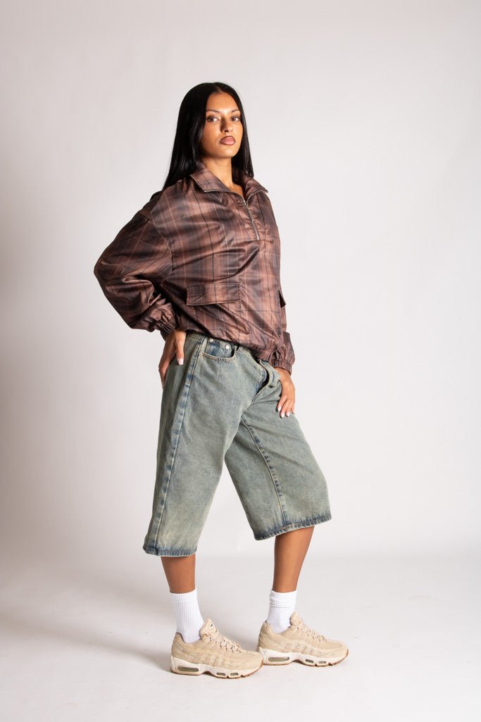 Brown Check Oversized Windbreaker - Liquor n Poker