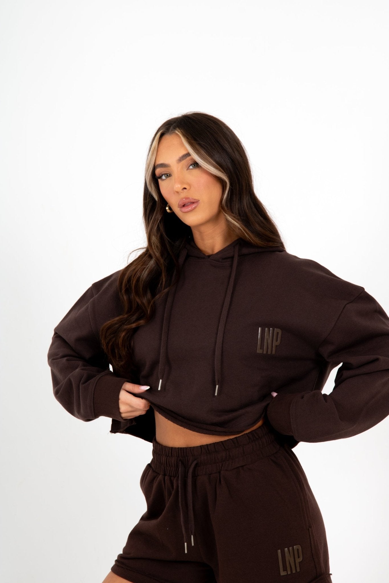 Brown Lnp Essential Cropped Hoodie - Liquor n Poker