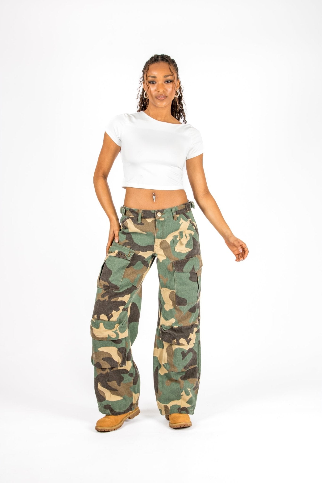 Camo Stud Detail Low Rise Cargos - Liquor n Poker