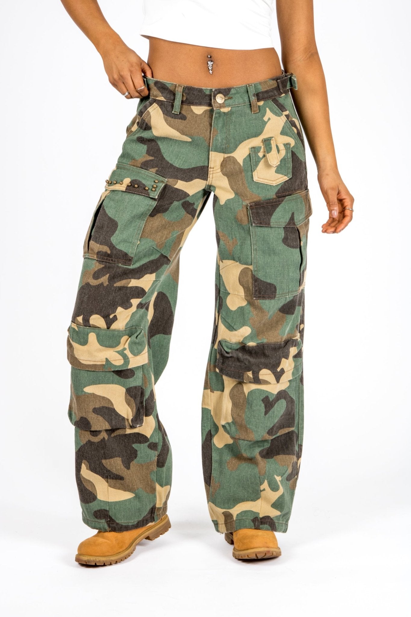 Camo Stud Detail Low Rise Cargos - Liquor n Poker