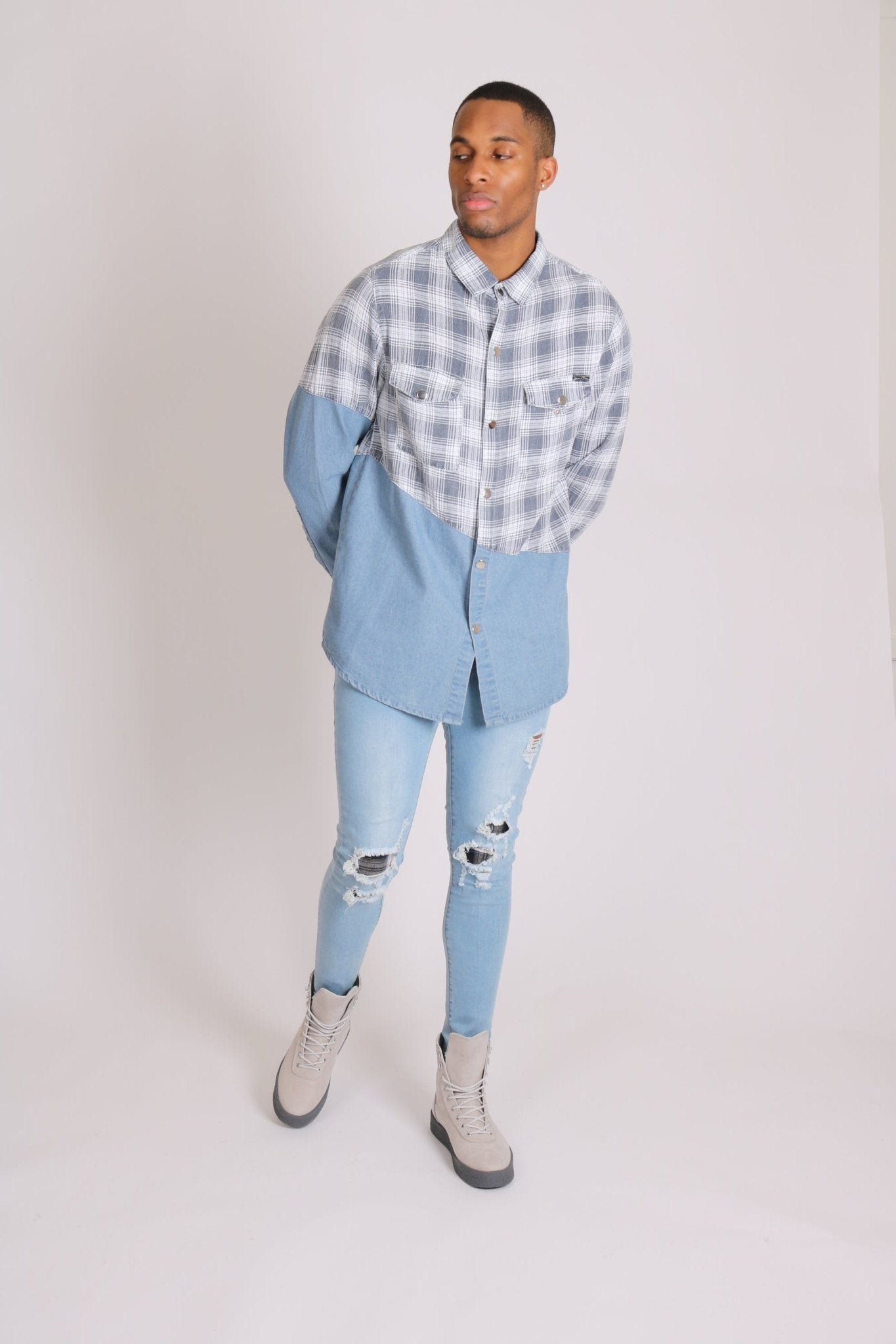 Cleveland Light Denim Shirt With Contrast Flannel Check - Liquor n Poker