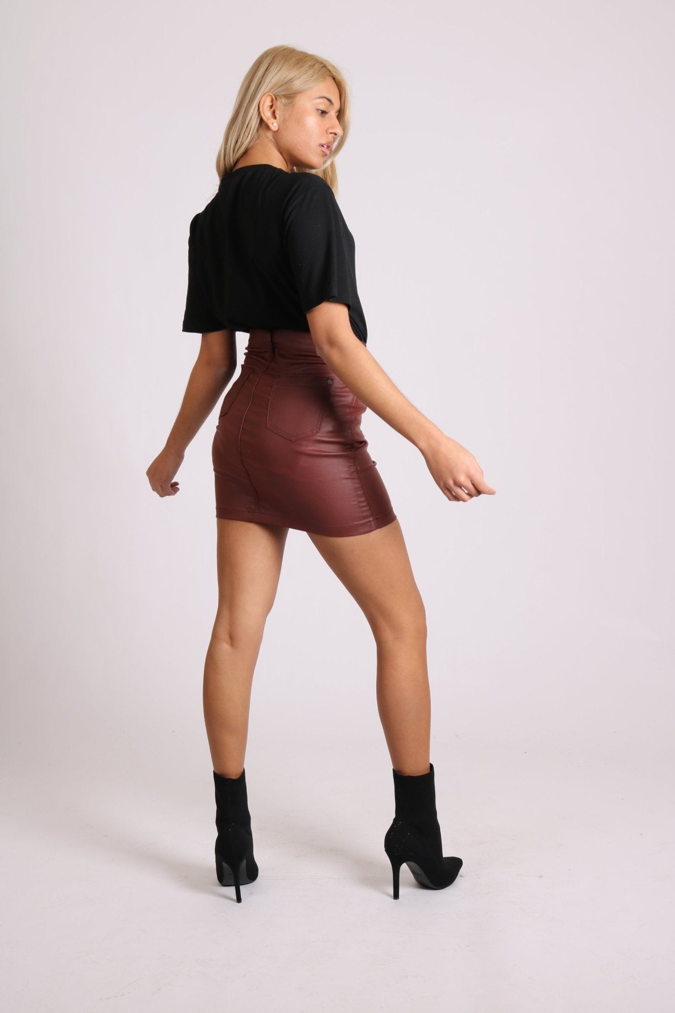 Coated Pu Mini Skirt In Burgundy - Liquor n Poker