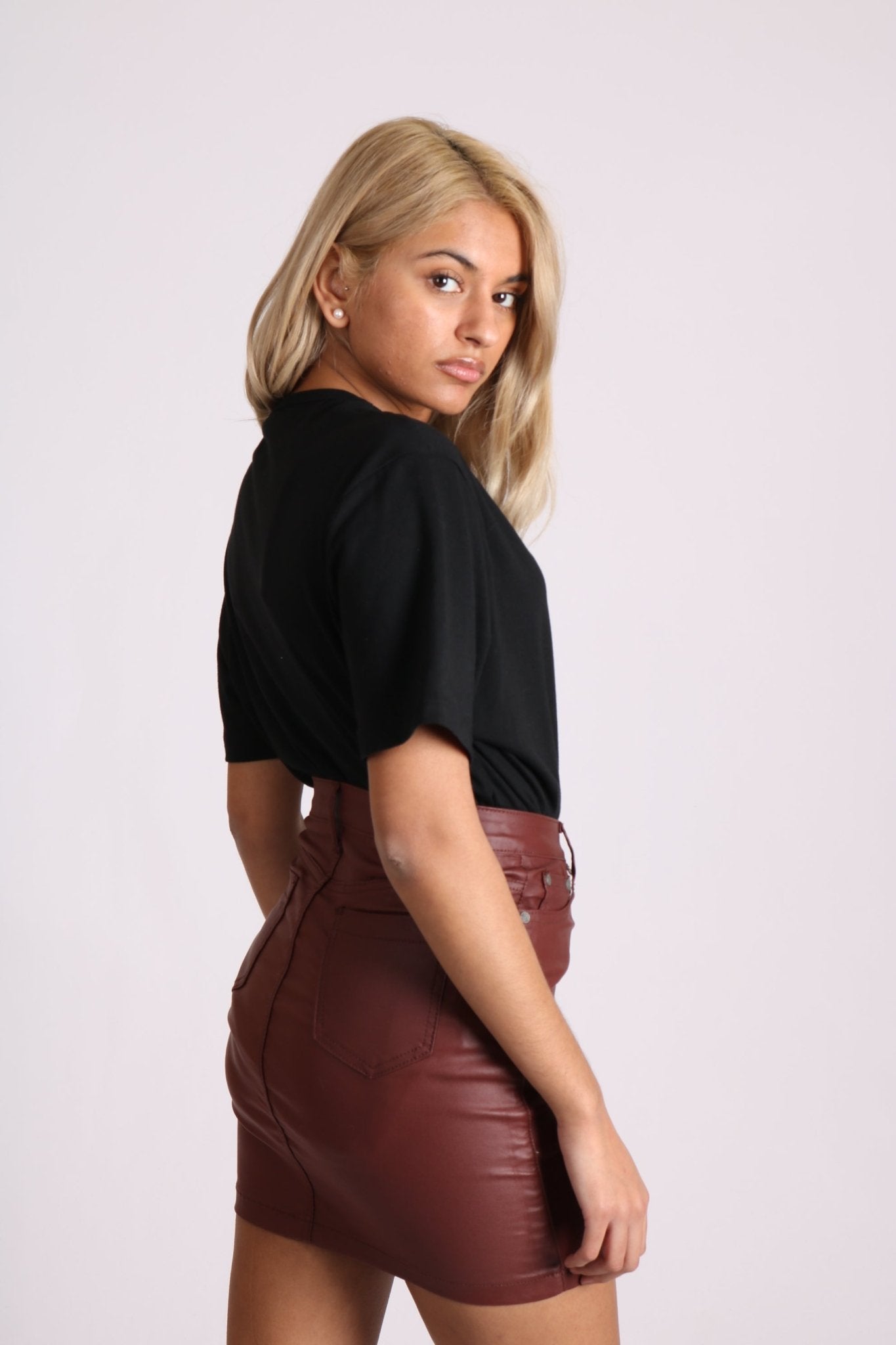 Coated Pu Mini Skirt In Burgundy - Liquor n Poker