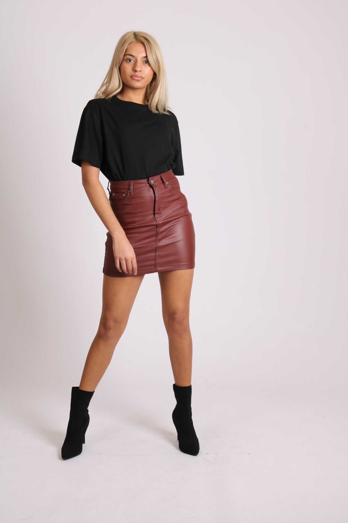 Coated Pu Mini Skirt In Burgundy - Liquor n Poker
