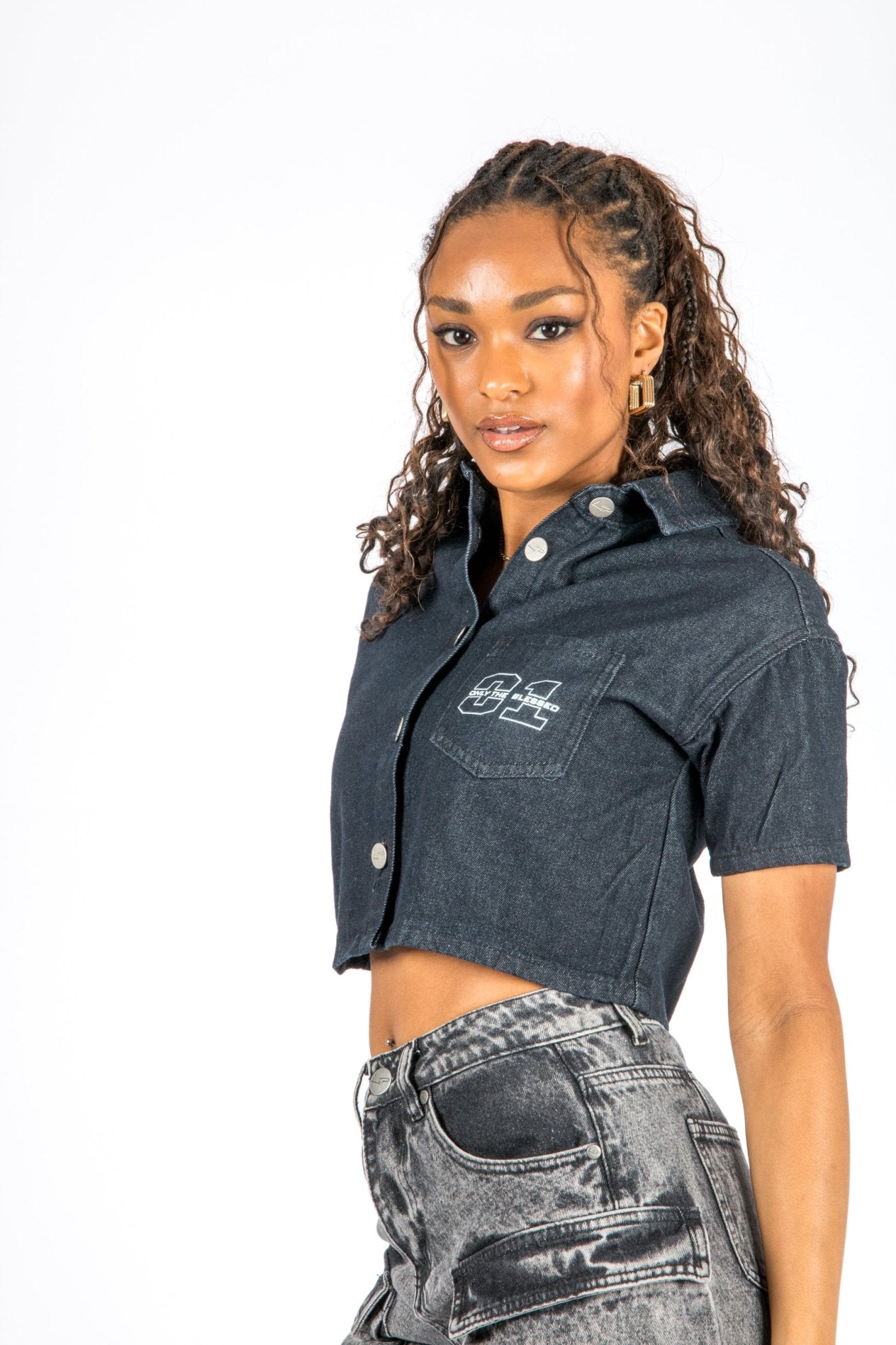 Cropped Denim Relaxed Varsity Shirt - Liquor n Poker