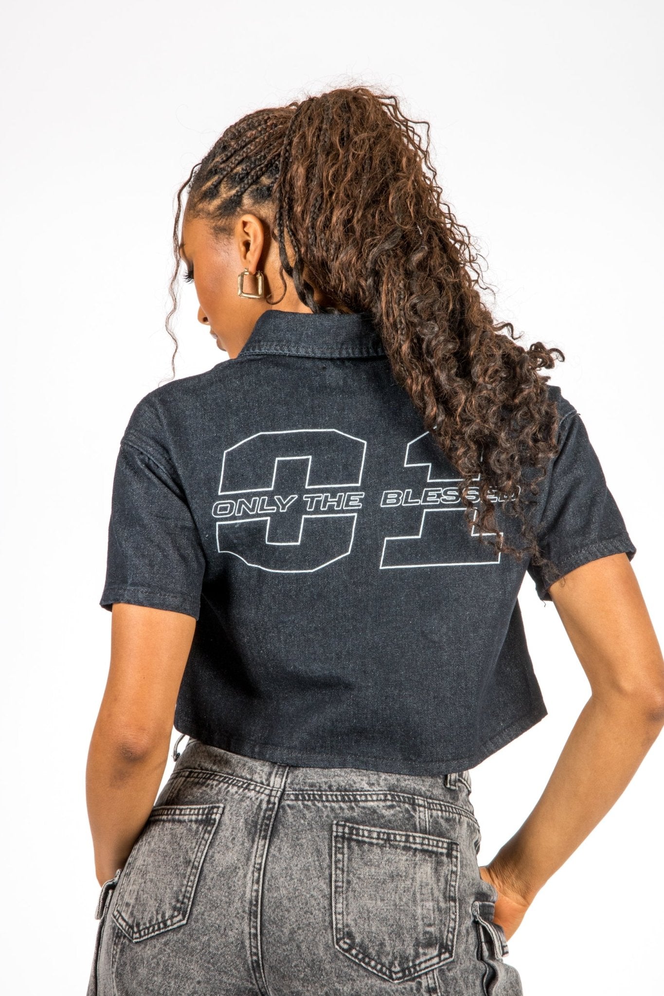 Cropped Denim Relaxed Varsity Shirt - Liquor n Poker