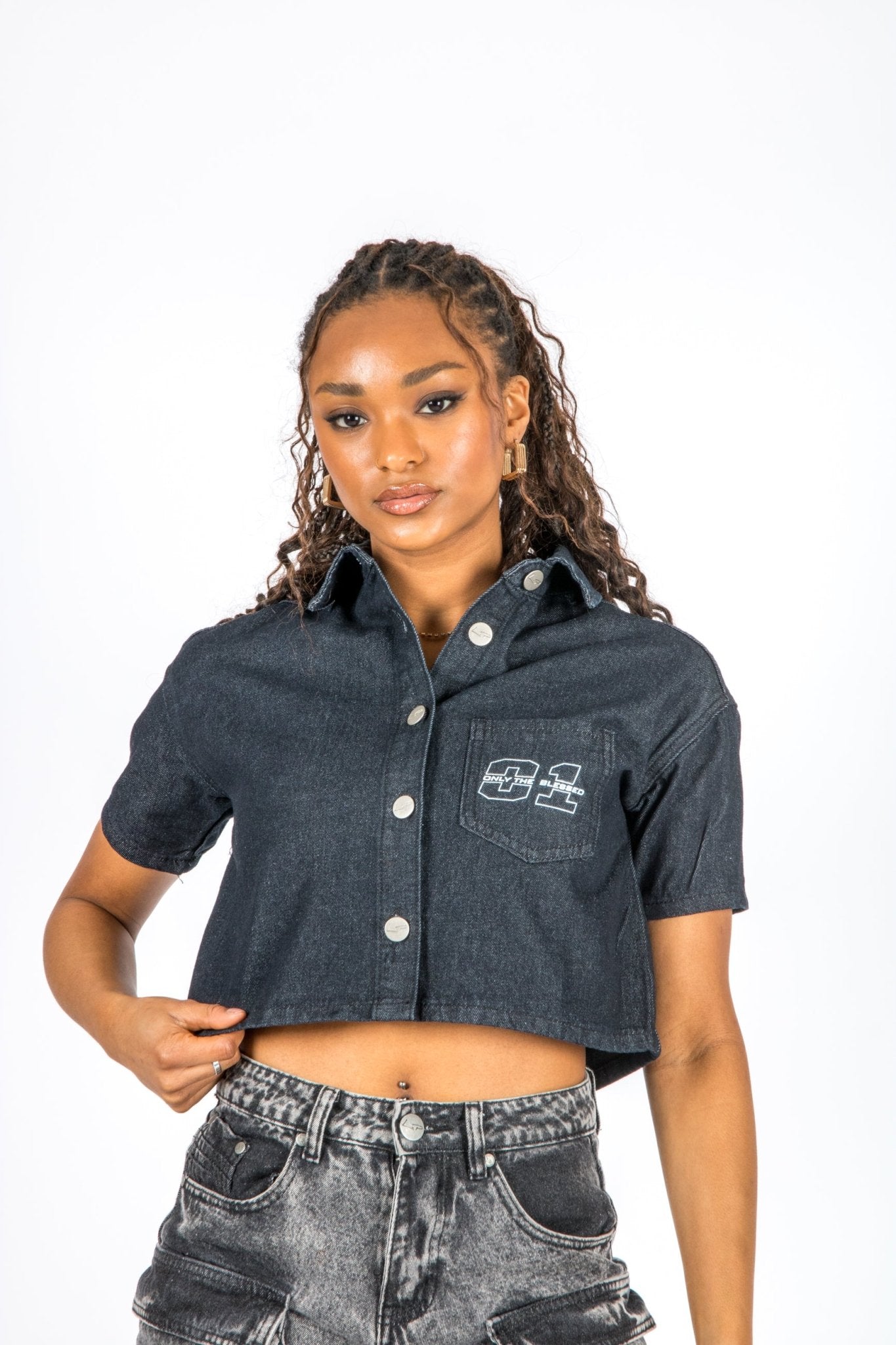 Cropped Denim Relaxed Varsity Shirt - Liquor n Poker