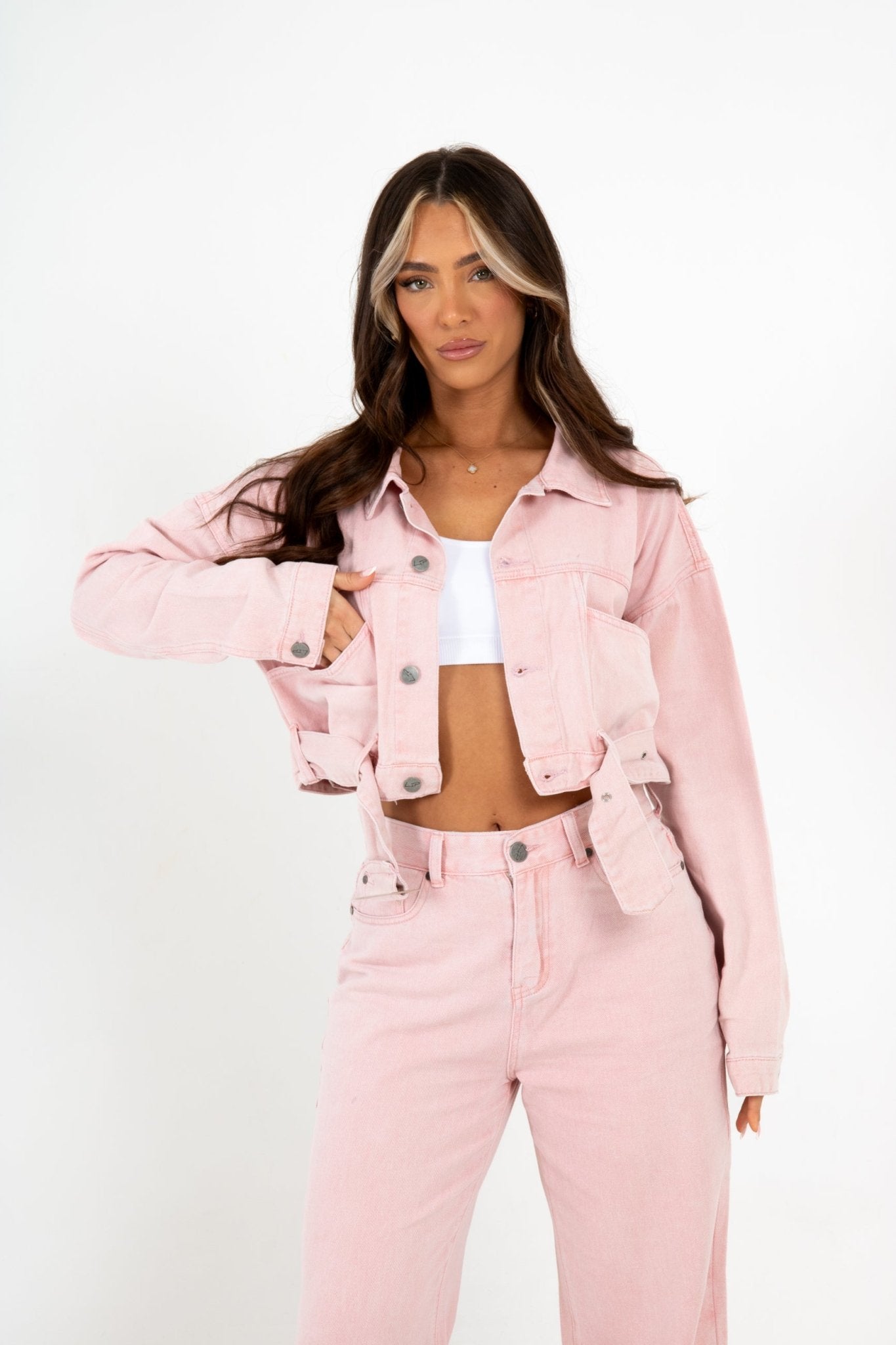Cropped Pink Utility Belted Denim Jacket - Liquor n Poker
